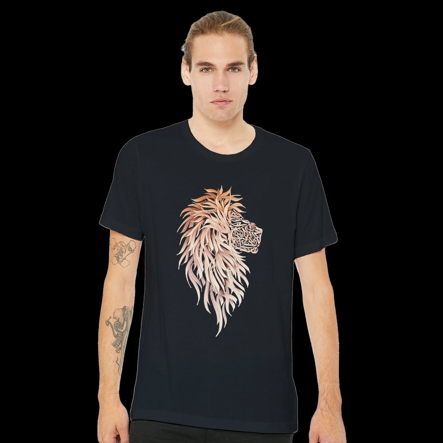 Black artistic t-shirt with Arabic script inspired by traditional calligraphy. A wearable piece of art for fashion-forward individuals looking for unique cultural expression through clothing. Premium cotton tee suitable for layering or standalone looks.