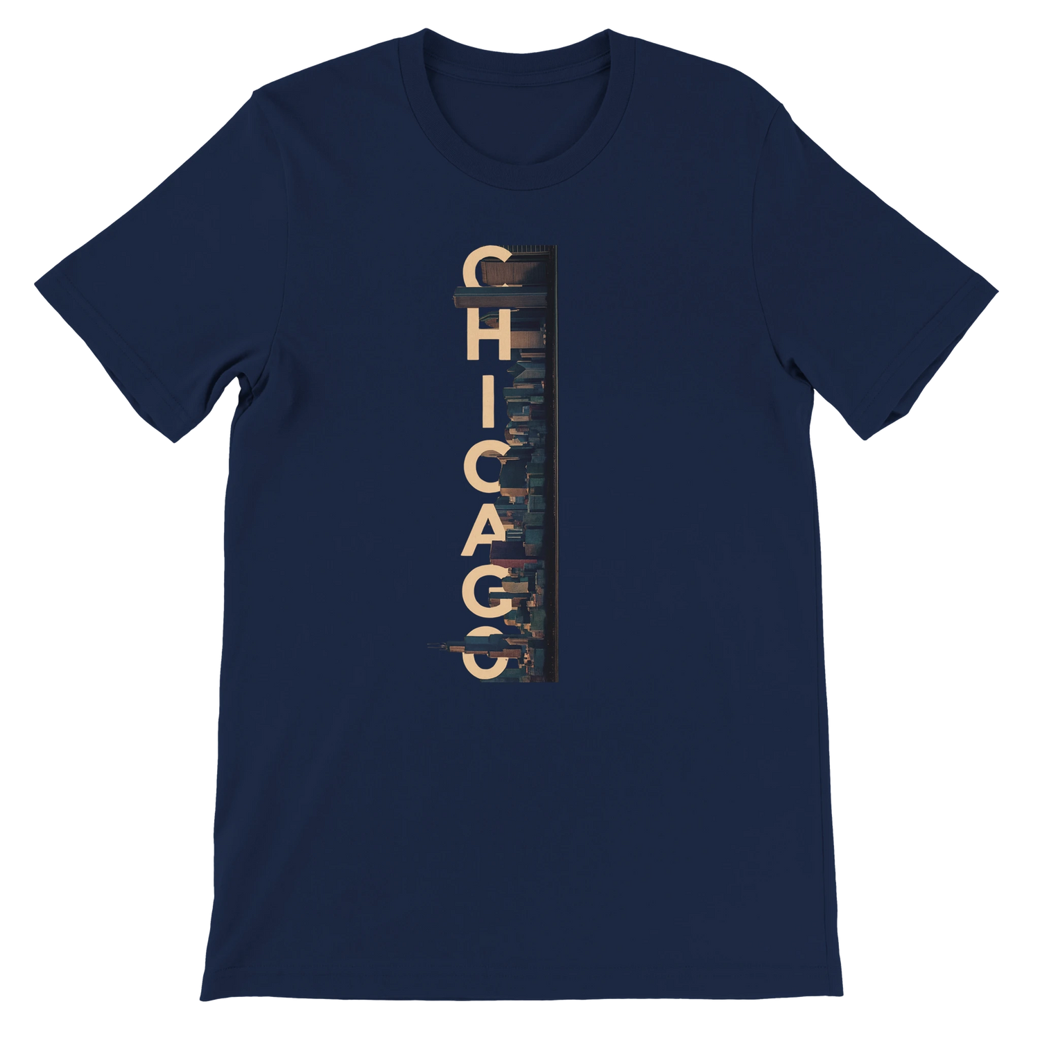 Navy Chicago City Graphic T Shirt featuring bold animated skyline art high quality cotton streetwear tee for travelers Chicago enthusiasts and urban lifestyle fashion