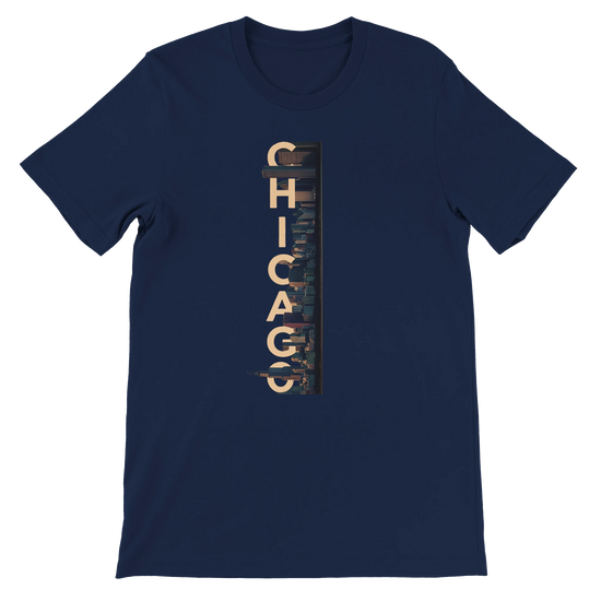 Navy Chicago City Graphic T Shirt featuring bold animated skyline art high quality cotton streetwear tee for travelers Chicago enthusiasts and urban lifestyle fashion