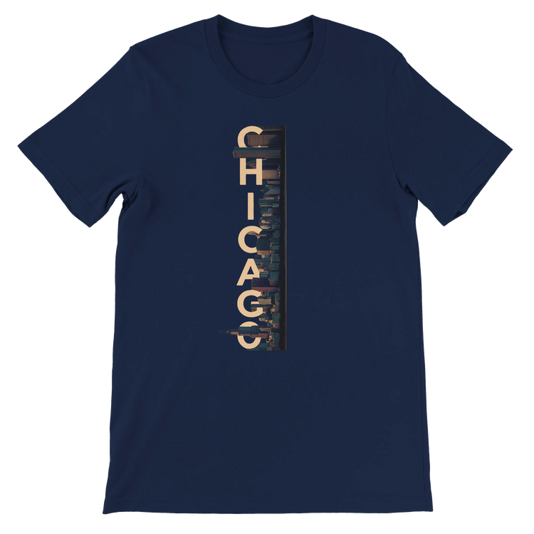 Navy Chicago City Graphic T Shirt featuring bold animated skyline art high quality cotton streetwear tee for travelers Chicago enthusiasts and urban lifestyle fashion
