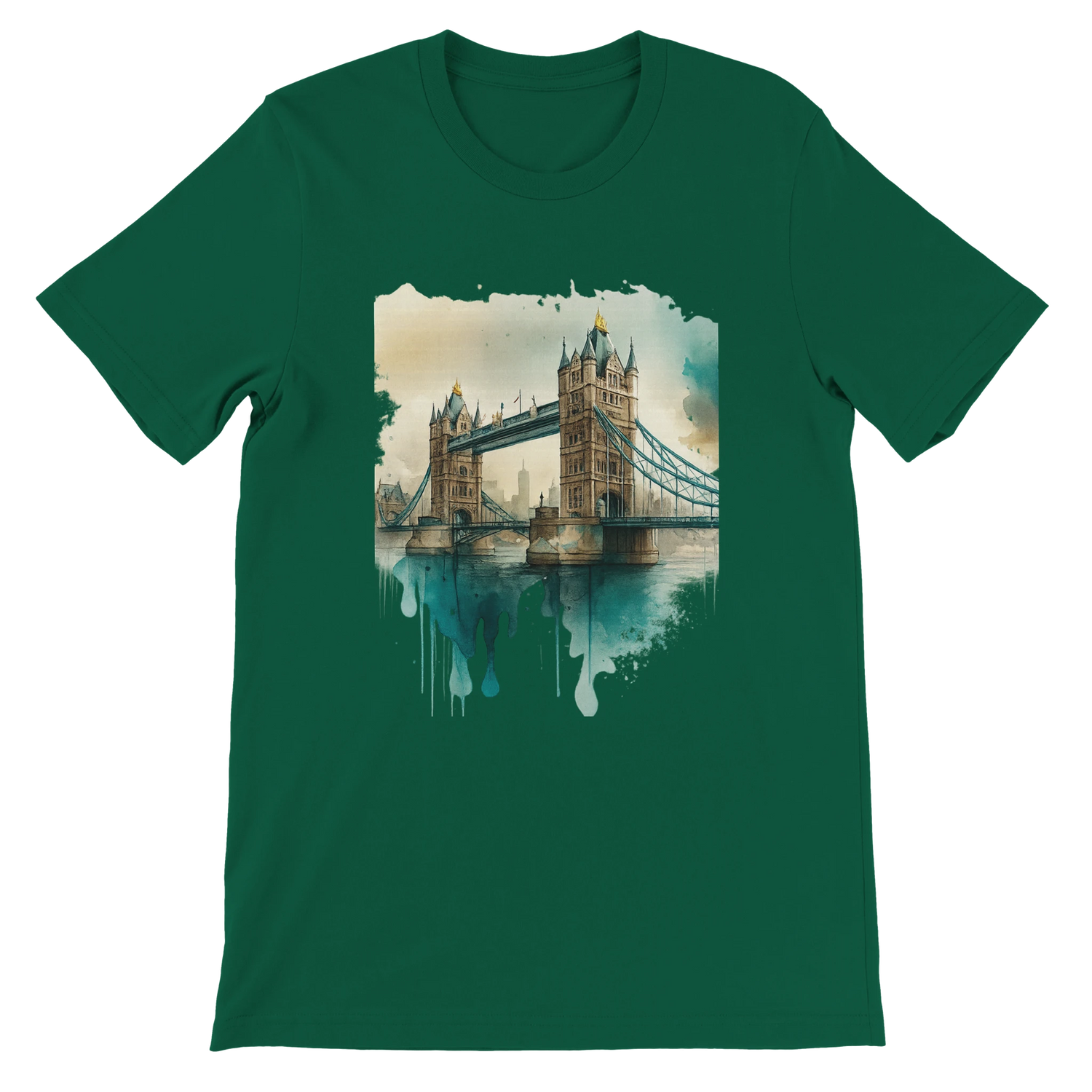 Evergreen Tower Bridge t-shirt with London landmark animation – stylish unisex shirt made with soft cotton and structured fit. Ideal for sustainable streetwear lovers and international travel-inspired fashion.