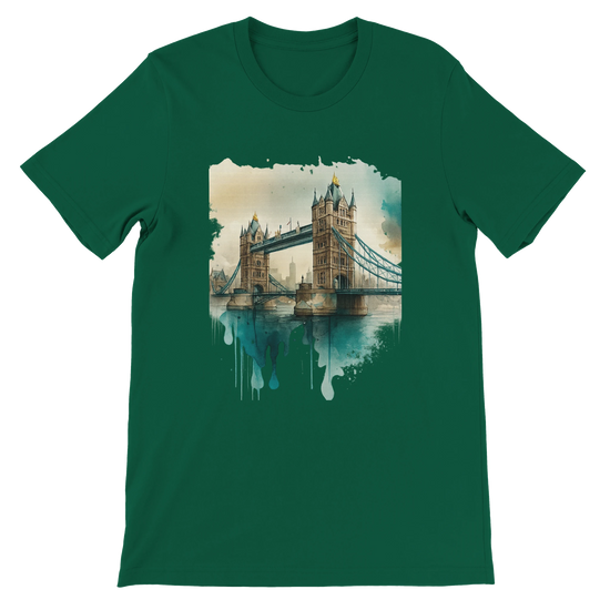 Evergreen Tower Bridge t-shirt with London landmark animation – stylish unisex shirt made with soft cotton and structured fit. Ideal for sustainable streetwear lovers and international travel-inspired fashion.