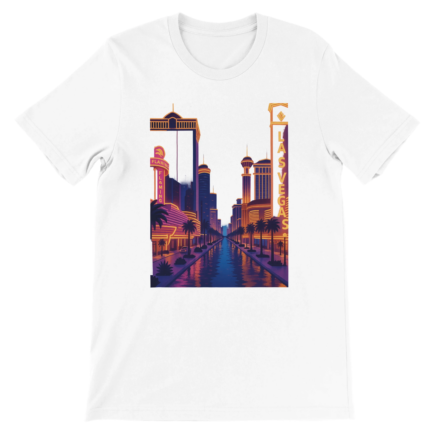 White Las Vegas City Animated Style graphic t-shirt featuring a vibrant digital illustration of the Las Vegas skyline with iconic landmarks in animated style. Soft 100% cotton unisex streetwear tee for travel lovers cityscape fans and modern casual fashion.