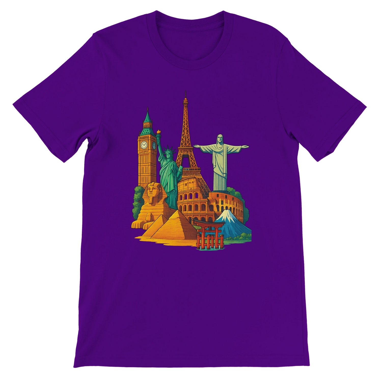 Team Purple Famous Landmarks Animated Style T-Shirt with animated famous monument graphics designed for global travel lovers and streetwear enthusiasts made with premium soft cotton in a flattering unisex fit for tourism inspired casual fashion
