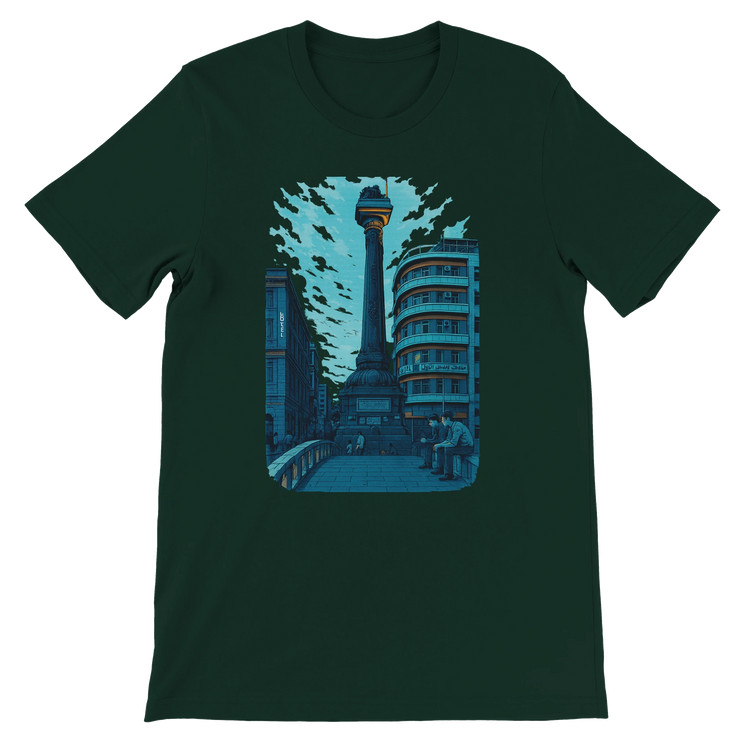 Forest green T shirt showcasing animated Al Marjeh Square Damascus Syria illustration soft and breathable cotton for cultural travelers and eco friendly streetwear lovers