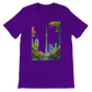 Team purple Toronto skyline t shirt featuring animated CN Tower design with colorful city skyline print. Premium cotton unisex tee for travel lovers and stylish streetwear enthusiasts. Soft eco friendly fabric makes it perfect for everyday wear and bold urban looks.