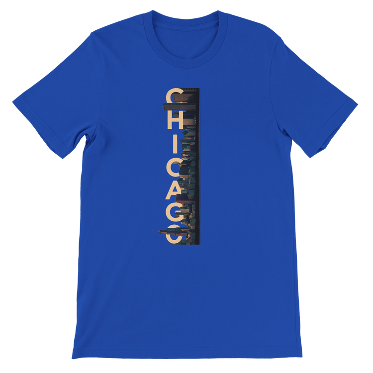 True Royal Chicago City Graphic T Shirt featuring colorful animated skyline illustration comfortable and stylish unisex travel shirt for street fashion and Chicago culture pride
