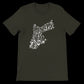 Dark olive green t-shirt showcasing the map of Jordan in refined Arabic calligraphy. Streetwear-inspired unisex design made for clean DTG printing breathable wear and artistic representation of Middle Eastern culture.