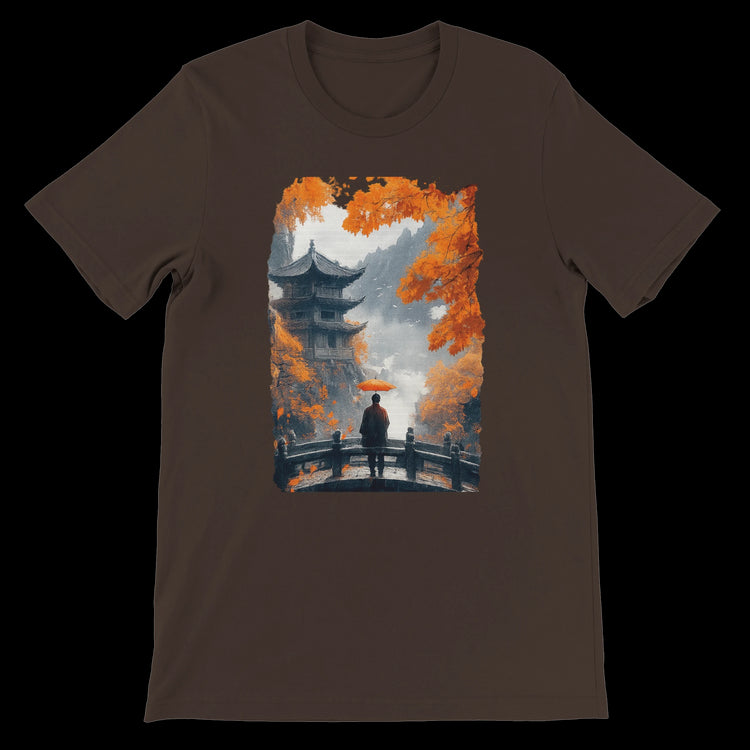 Brown t-shirt with an Asian pagoda and red umbrella artwork.
