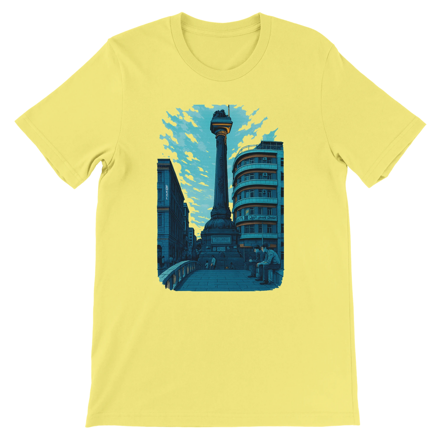 Yellow unisex T shirt with animated Al Marjeh Square in Damascus Syria design premium cotton comfortable fit ideal for travel lovers cultural streetwear and trendy print on demand clothing