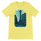 Yellow unisex T shirt with animated Al Marjeh Square in Damascus Syria design premium cotton comfortable fit ideal for travel lovers cultural streetwear and trendy print on demand clothing