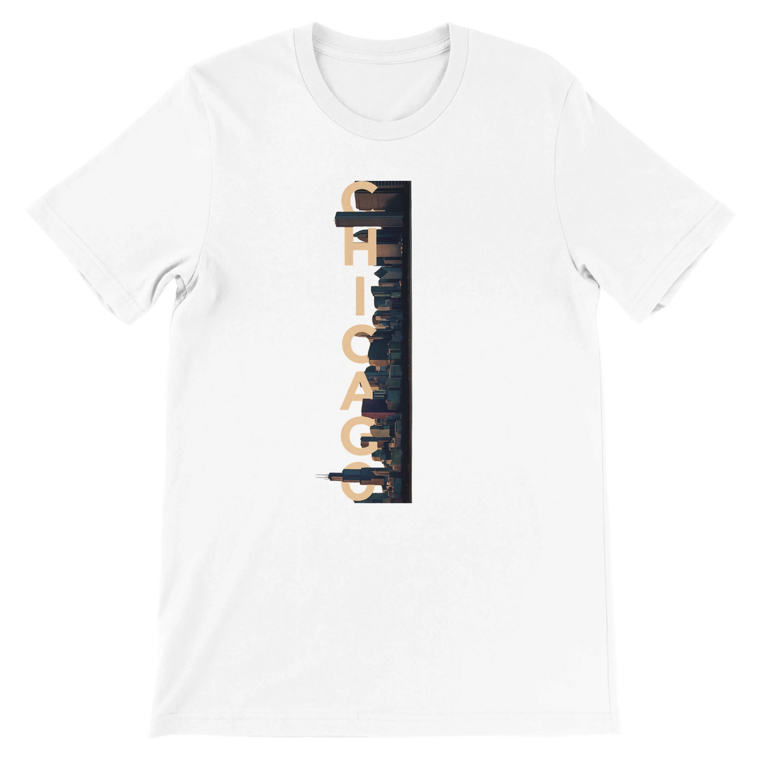 White Chicago City Graphic T Shirt with animated skyline design featuring bold Chicago lettering and vibrant city art perfect unisex streetwear travel tee for urban culture lovers and iconic landmark fashion fans