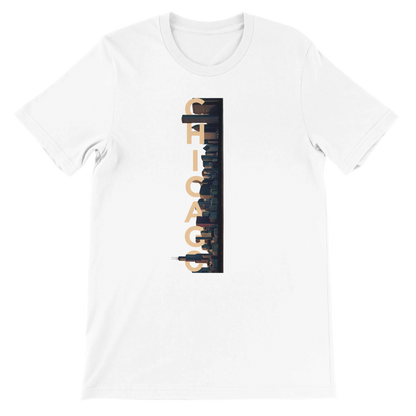 White Chicago City Graphic T Shirt with animated skyline design featuring bold Chicago lettering and vibrant city art perfect unisex streetwear travel tee for urban culture lovers and iconic landmark fashion fans