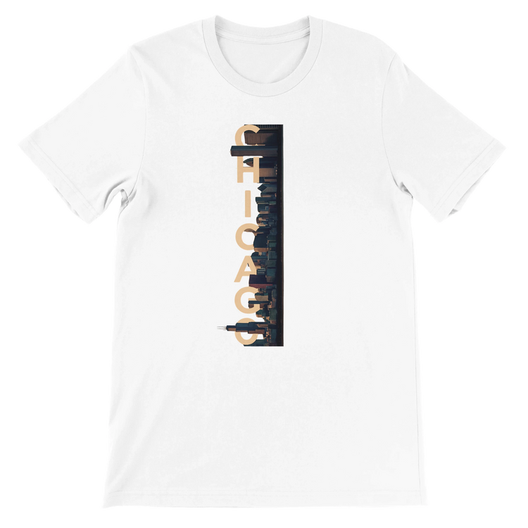 White Chicago City Graphic T Shirt with animated skyline design featuring bold Chicago lettering and vibrant city art perfect unisex streetwear travel tee for urban culture lovers and iconic landmark fashion fans