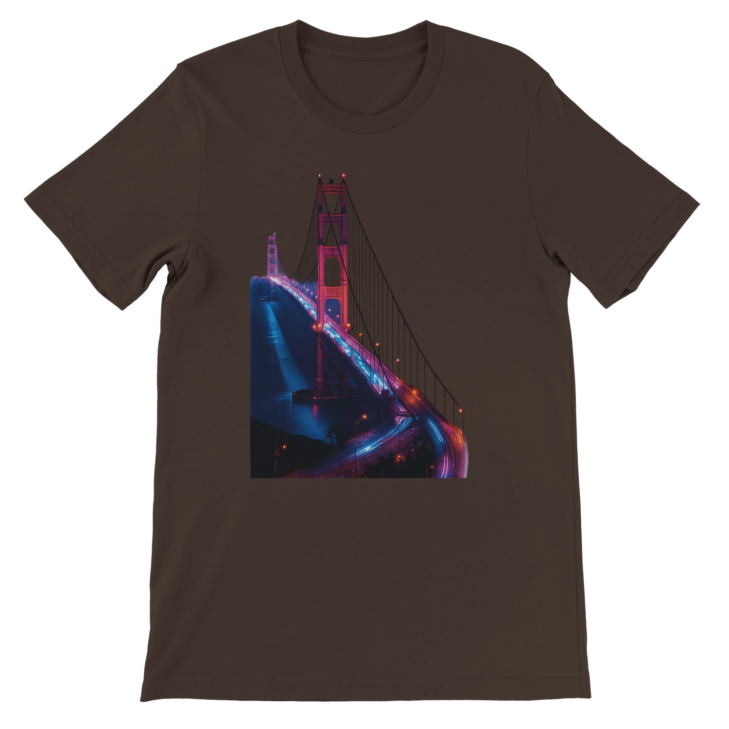 Brown Golden Gate Bridge animated landmark t shirt for stylish travelers and casual streetwear fashion. Soft cotton tee with vibrant city art perfect for everyday wear vacation outfits and global culture inspired fashion.