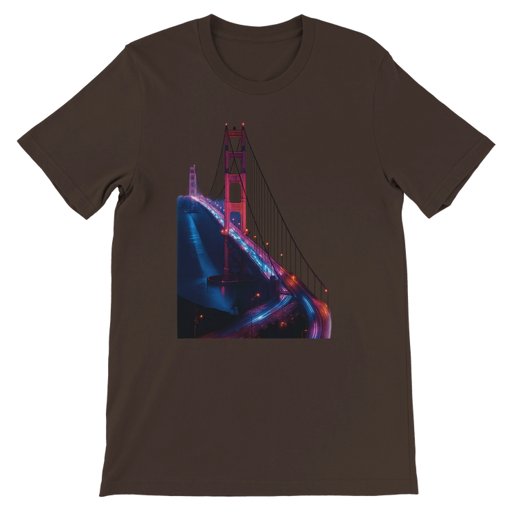 Brown Golden Gate Bridge animated landmark t shirt for stylish travelers and casual streetwear fashion. Soft cotton tee with vibrant city art perfect for everyday wear vacation outfits and global culture inspired fashion.