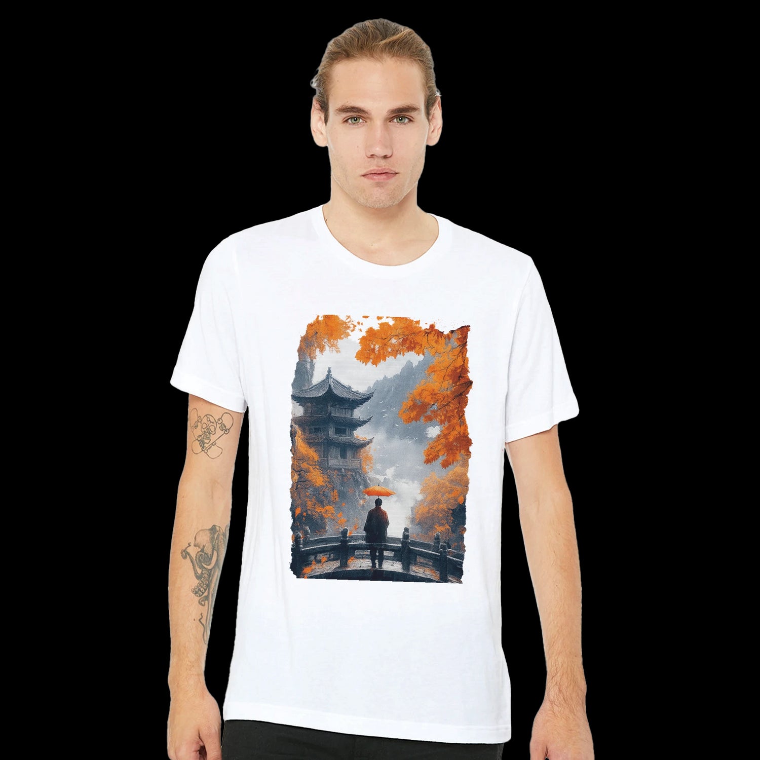 Artistic tee showing an Asian pagoda with red umbrella illustration.