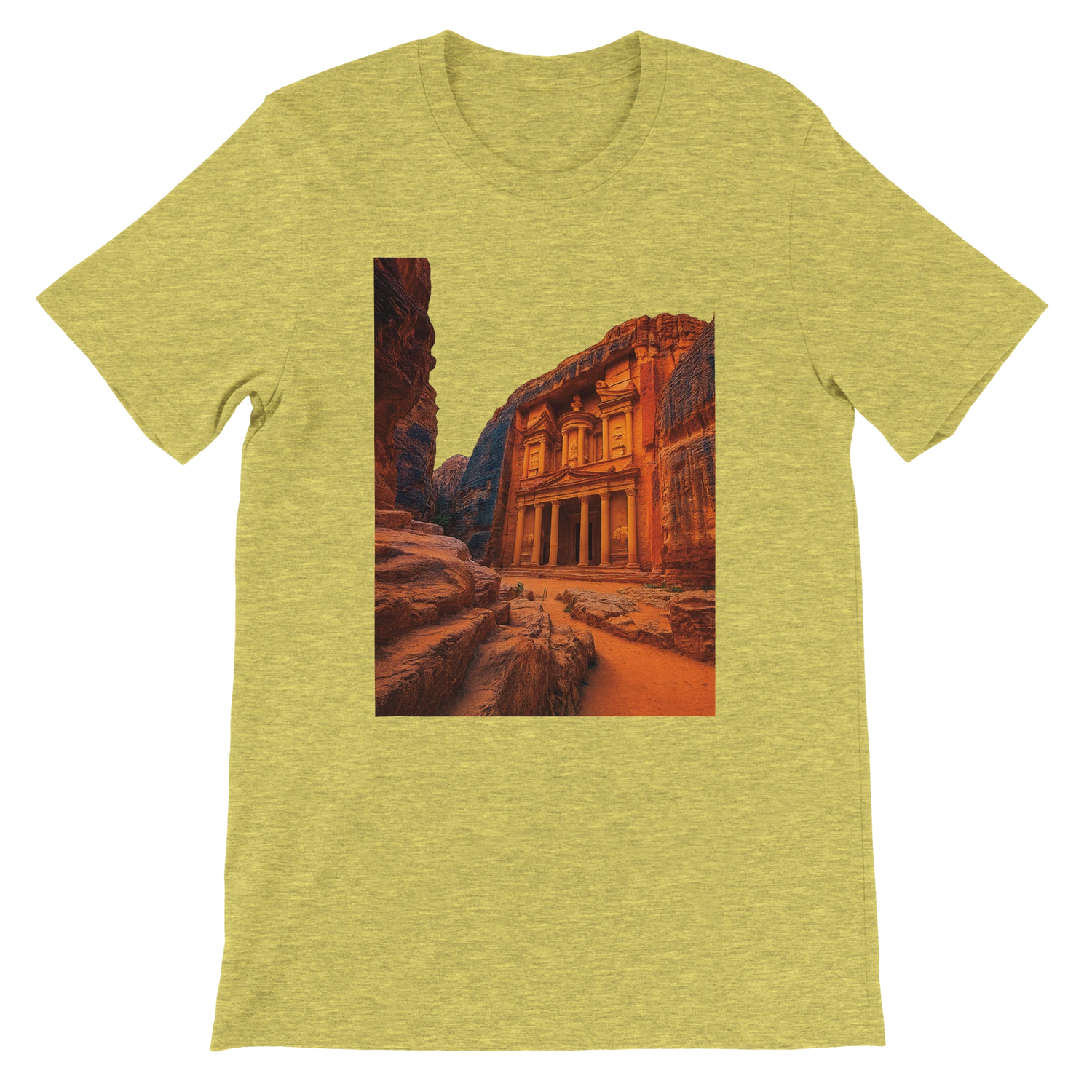 Heather yellow Petra Jordan animated style tee with vivid landmark illustration soft eco friendly cotton modern streetwear look perfect for travelers history lovers and those who enjoy unique cultural t shirts