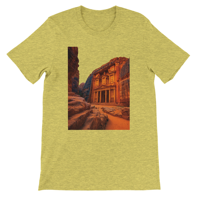 Heather yellow Petra Jordan animated style tee with vivid landmark illustration soft eco friendly cotton modern streetwear look perfect for travelers history lovers and those who enjoy unique cultural t shirts
