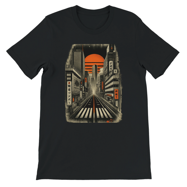 Black Tokyo Nights animated t shirt featuring bright neon Tokyo city design stylish premium cotton unisex fit eco friendly streetwear perfect for anime fans travelers and vibrant Japanese culture fashion