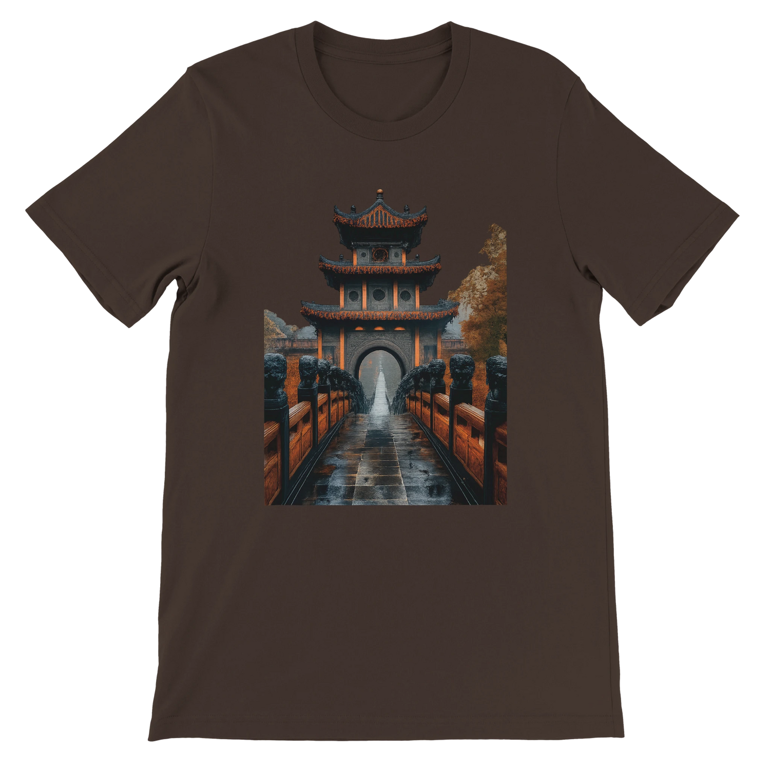 Brown Ancient Chinese Mega Bridge animated style t-shirt with rich heritage inspired bridge illustration printed in vibrant colors made with premium combed cotton comfortable fit for travel street style and cultural fashion trends