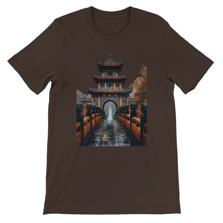 Brown Ancient Chinese Mega Bridge animated style t-shirt with rich heritage inspired bridge illustration printed in vibrant colors made with premium combed cotton comfortable fit for travel street style and cultural fashion trends