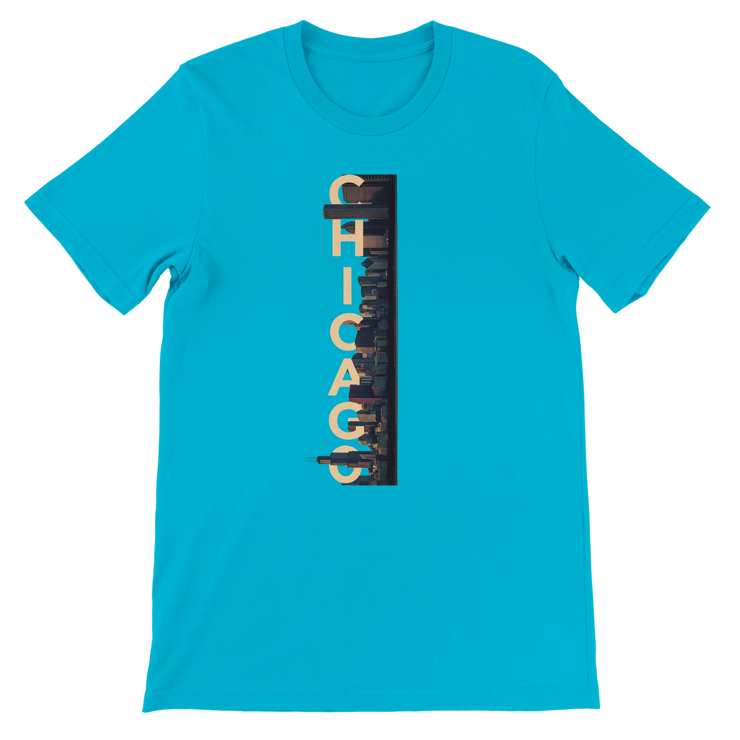 Turquoise Chicago City Graphic T Shirt with bright animated skyline artwork premium quality cityscape tee for streetwear lovers travel fashion and Chicago enthusiasts