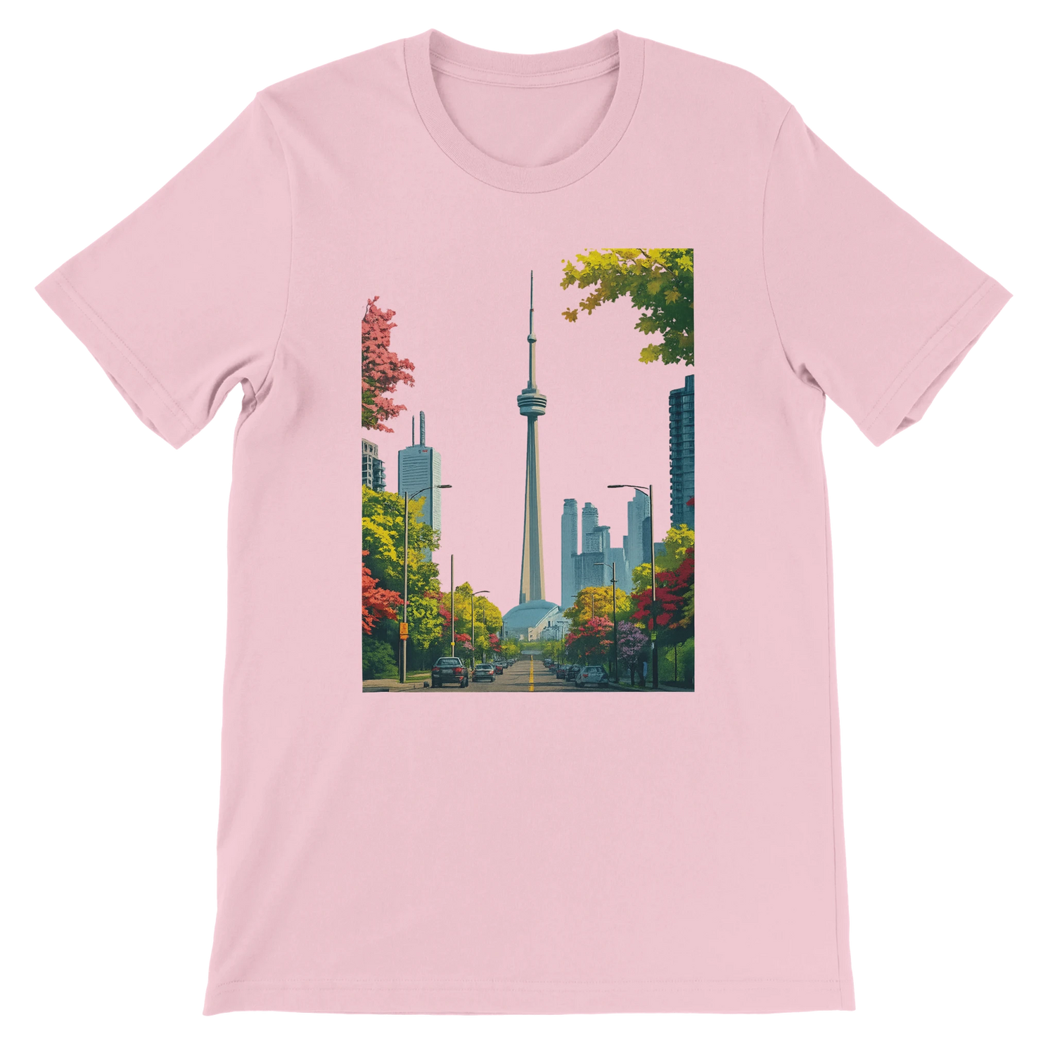 Pink Toronto skyline cotton t shirt with colorful animated CN Tower and artistic city view. Perfect for travelers and dreamers who love vibrant landmark graphics and stylish urban streetwear. Soft unisex fit tee made with eco friendly cotton and ideal for DTG printing.
