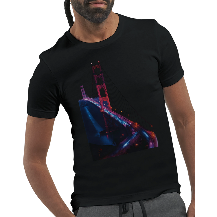 Golden Gate Bridge streetwear graphic tee featuring bold animated landmark design for urban fashion lovers. Premium cotton t shirt for casual outfits everyday wear and modern street style inspired by iconic world cities.