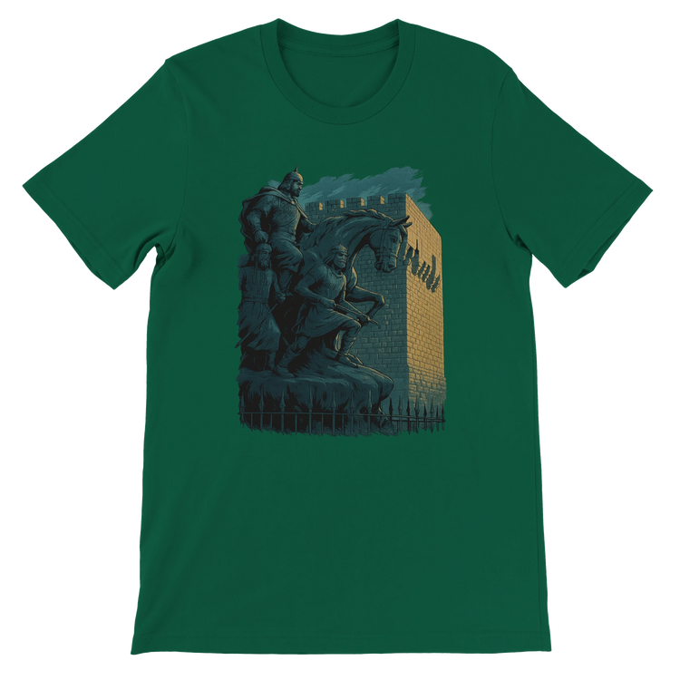 Evergreen green t-shirt with detailed animated print of Salah Al Din statue from Damascus Syria. Premium cotton shirt for urban explorers and cultural enthusiasts. Eco-friendly DTG ready garment with bold art for heritage inspired fashion.