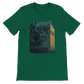 Evergreen green t-shirt with detailed animated print of Salah Al Din statue from Damascus Syria. Premium cotton shirt for urban explorers and cultural enthusiasts. Eco-friendly DTG ready garment with bold art for heritage inspired fashion.