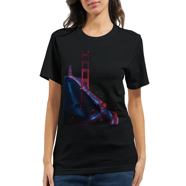 Golden Gate Bridge graphic t shirt with animated San Francisco city landmark art for travel lovers and souvenir fashion. Soft cotton unisex tee perfect for California vacation outfits Bay Area apparel and tourist gift ideas.