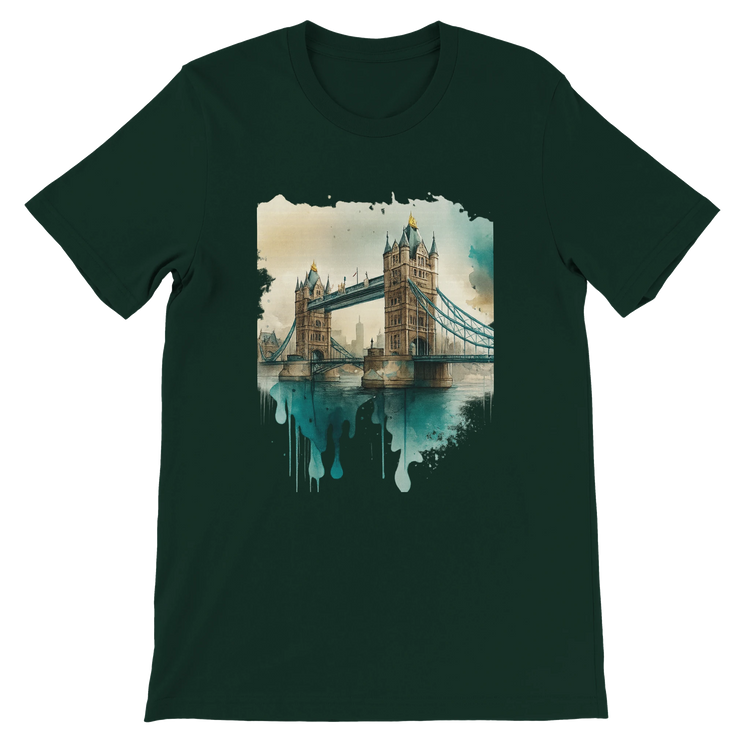 Forest green Tower Bridge t-shirt with artistic landmark design – eco-friendly travel fashion tee with animated London scene. Perfect for DTG printing and city-style enthusiasts.