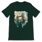Forest green Tower Bridge t-shirt with artistic landmark design – eco-friendly travel fashion tee with animated London scene. Perfect for DTG printing and city-style enthusiasts.