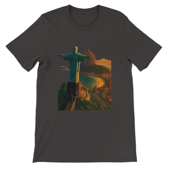 Vintage black animated Christ the Redeemer t-shirt with Rio de Janeiro Brazil landmark art. Soft cotton DTG printed travel fashion tee with unisex streetwear appeal and urban traveler vibe.