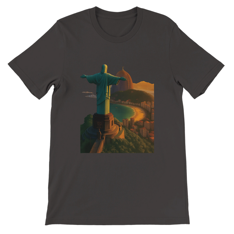 Vintage black animated Christ the Redeemer t-shirt with Rio de Janeiro Brazil landmark art. Soft cotton DTG printed travel fashion tee with unisex streetwear appeal and urban traveler vibe.