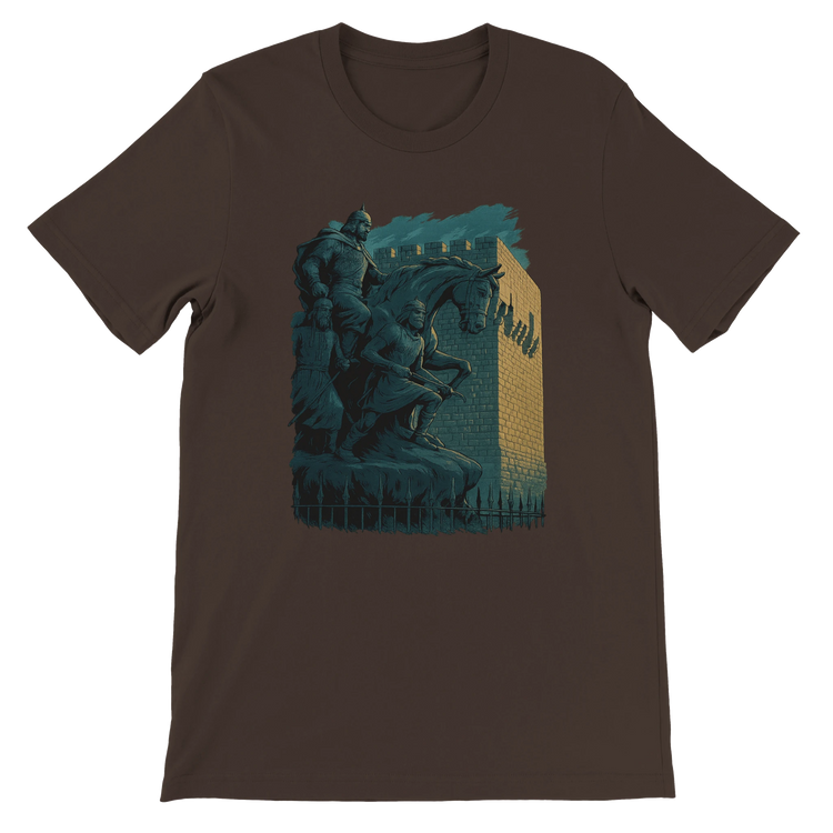 Brown street style t-shirt with illustrated Salah Al Din statue from Damascus in animated format. Cultural and historical themed fashion for conscious consumers. 100 percent cotton unisex shirt with DTG print compatibility and premium quality.