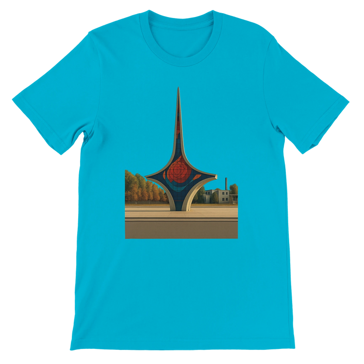 Turquoise Umawyeen Damascus Sword Animated Style T Shirt with artistic Syrian sword print in a lively animated style unisex cotton streetwear fashion tee for travelers and cultural style seekers