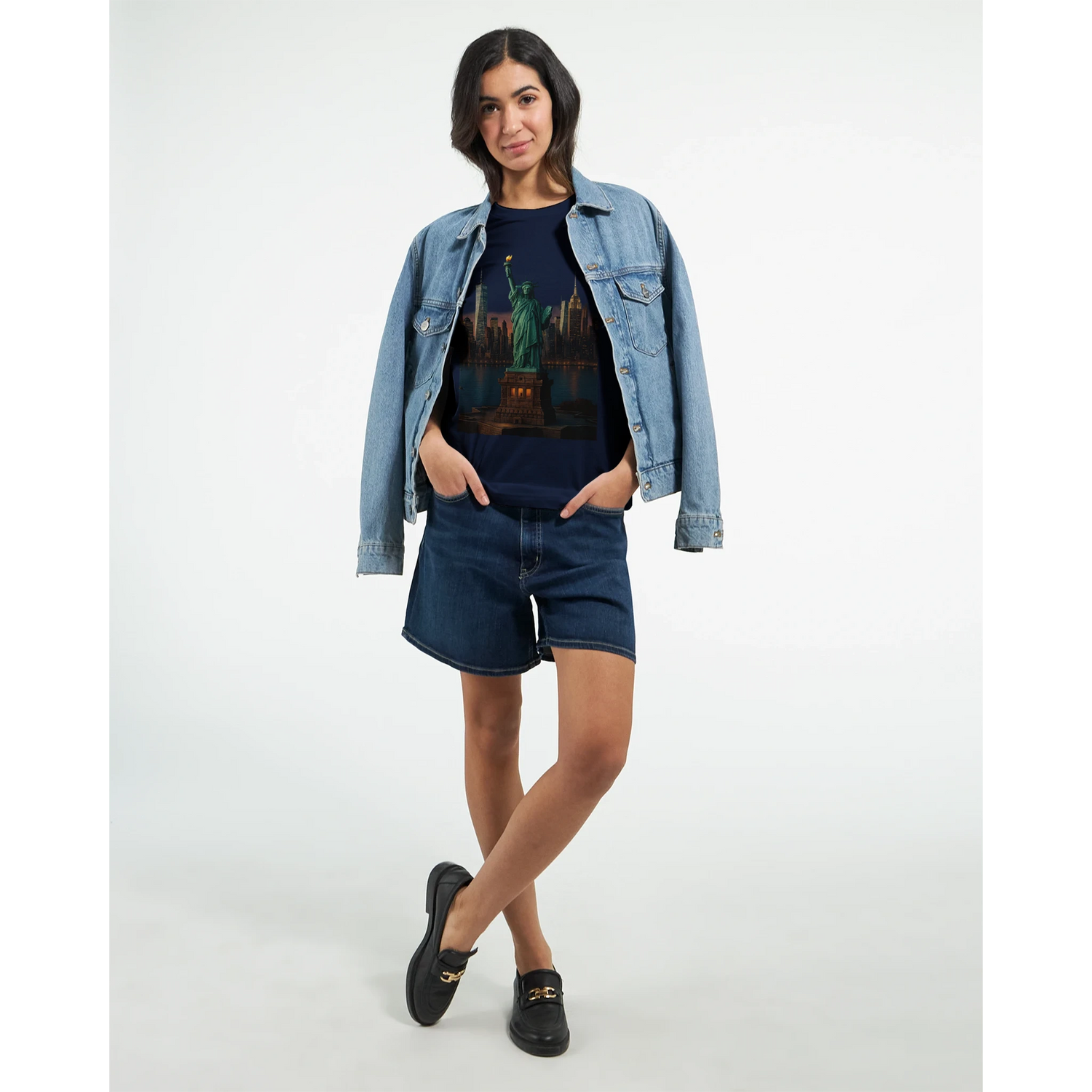 Artistic Statue of Liberty New York City printed t-shirt in animated design made for stylish travelers and urban streetwear culture. Premium cotton shirt for casual wear and global landmark lovers.
