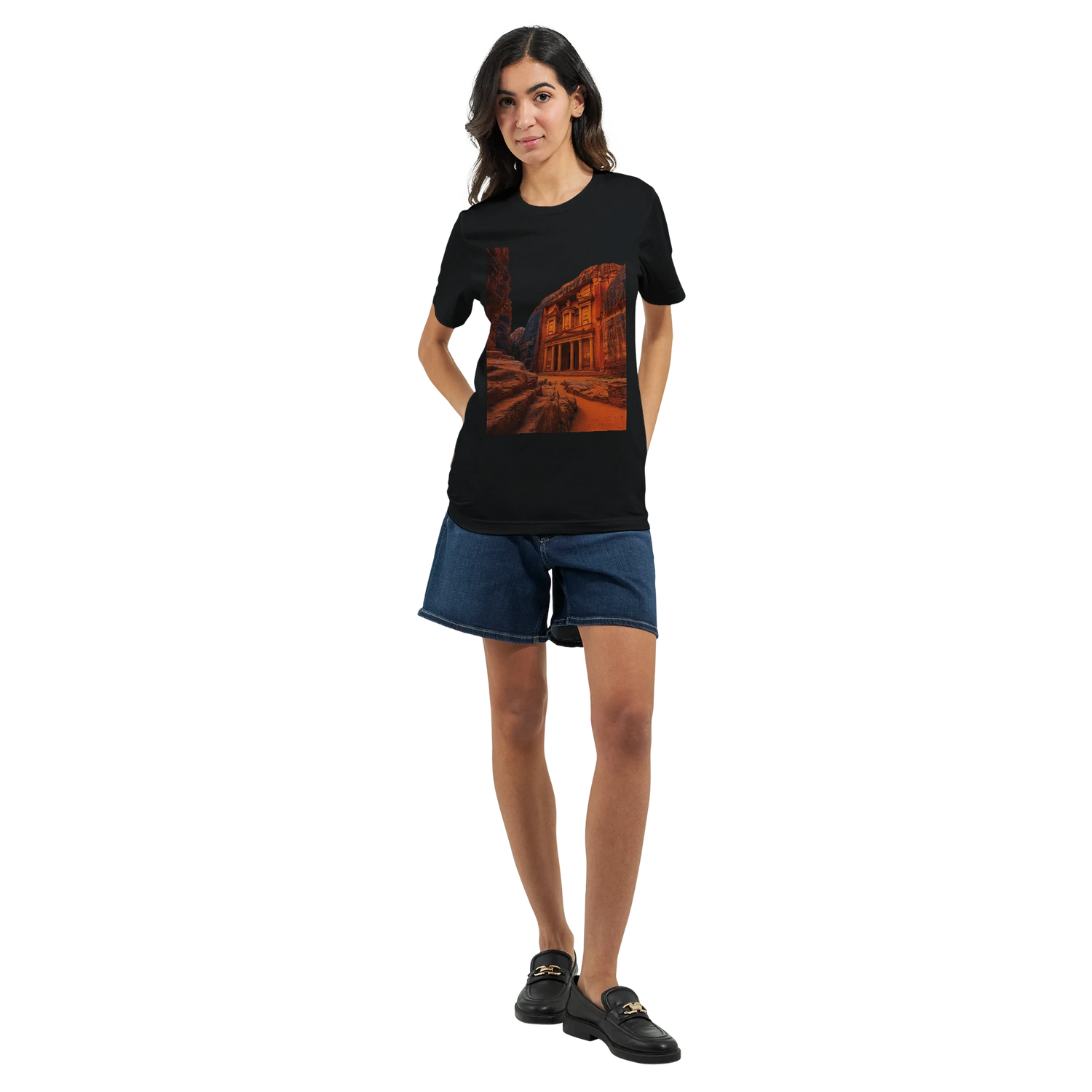 Petra in Jordan animated travel t shirt unisex cotton tee with vibrant landmark artwork eco friendly printing method ideal for urban fashion cultural wear and adventure themed clothing collections