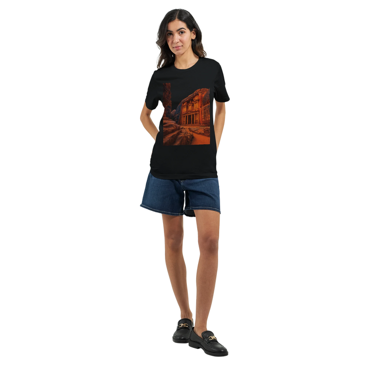 Petra in Jordan animated travel t shirt unisex cotton tee with vibrant landmark artwork eco friendly printing method ideal for urban fashion cultural wear and adventure themed clothing collections