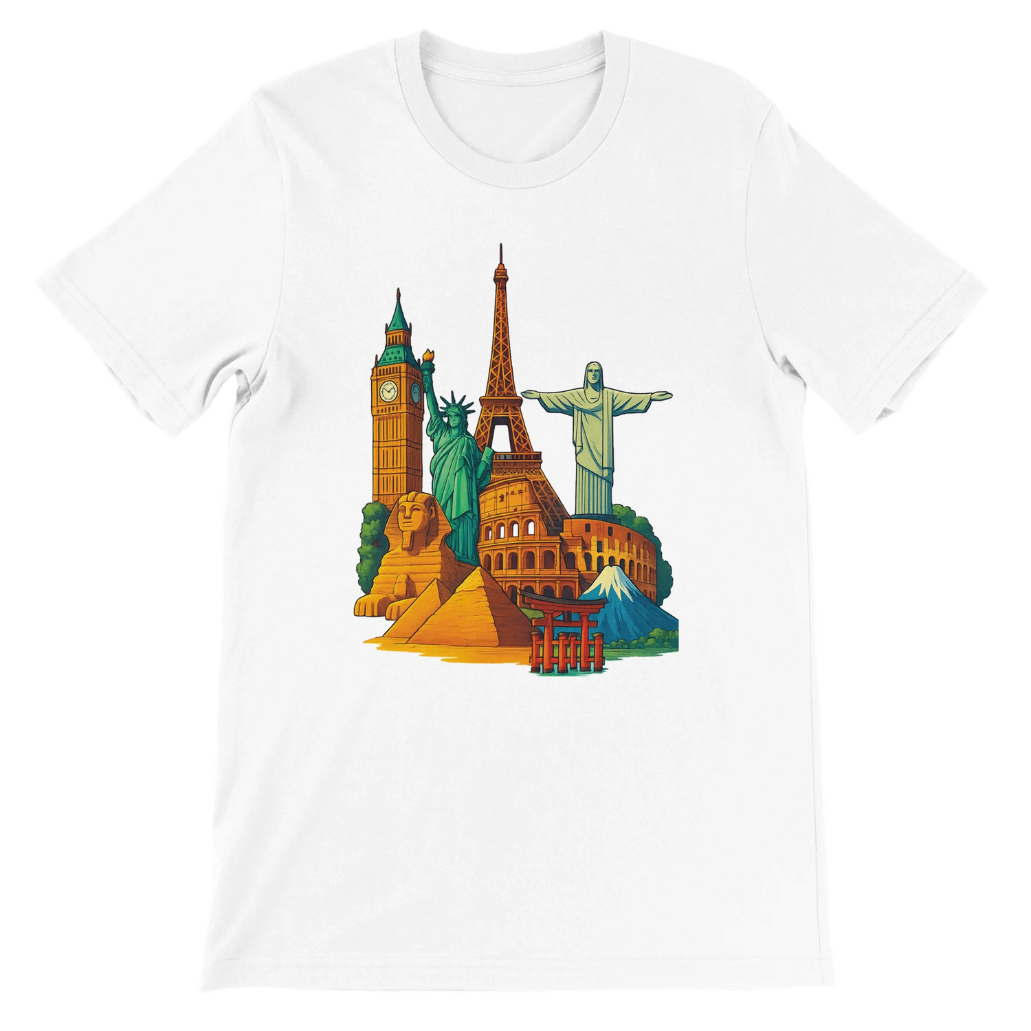White Famous Landmarks Animated Style T-Shirt featuring bold animated graphics of iconic world monuments including the Eiffel Tower and Pyramids printed on premium soft cotton for travel lovers and streetwear enthusiasts with a breathable unisex fit perfect for tourism inspired casual wear and print on demand collections