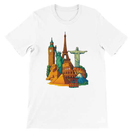 White Famous Landmarks Animated Style T-Shirt featuring bold animated graphics of iconic world monuments including the Eiffel Tower and Pyramids printed on premium soft cotton for travel lovers and streetwear enthusiasts with a breathable unisex fit perfect for tourism inspired casual wear and print on demand collections
