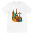 White Famous Landmarks Animated Style T-Shirt featuring bold animated graphics of iconic world monuments including the Eiffel Tower and Pyramids printed on premium soft cotton for travel lovers and streetwear enthusiasts with a breathable unisex fit perfect for tourism inspired casual wear and print on demand collections