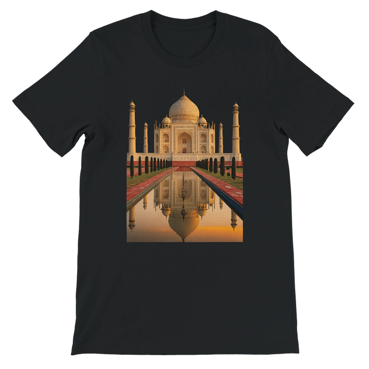 Black animated Taj Mahal t-shirt made with soft cotton and tailored unisex design. Great for DTG print lovers, travel-inspired fashion, and streetwear that celebrates global landmarks and cultural identity.