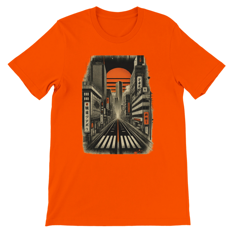 Orange Tokyo Nights animated t shirt with stunning neon Japanese skyline print stylish unisex cotton shirt eco friendly high quality DTG printed design ideal for Tokyo culture lovers travelers anime enthusiasts and modern streetwear outfits