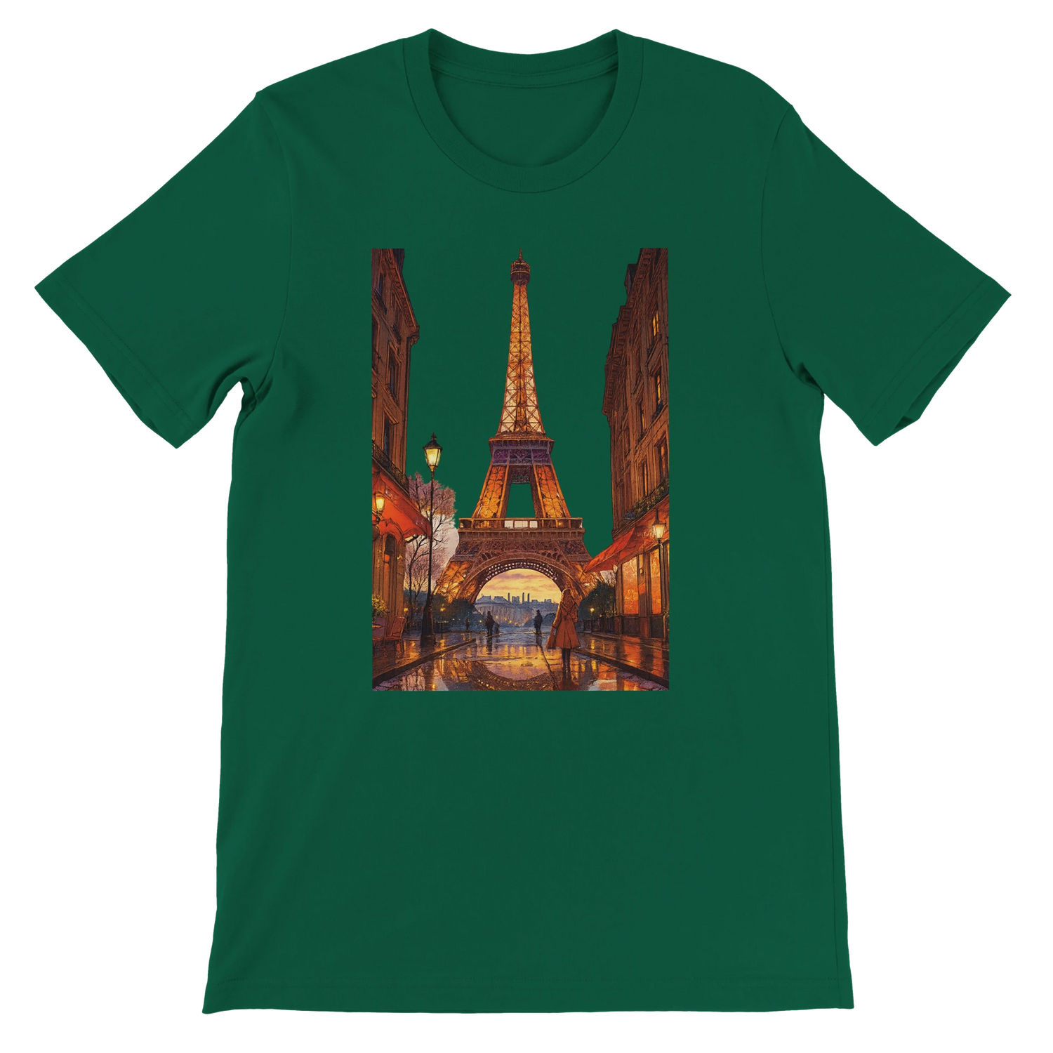 Evergreen t-shirt featuring animated Eiffel Tower Paris artwork in premium breathable cotton unisex fit perfect for streetwear fans travelers and global culture fashion eco friendly print on demand apparel for urban style outfits