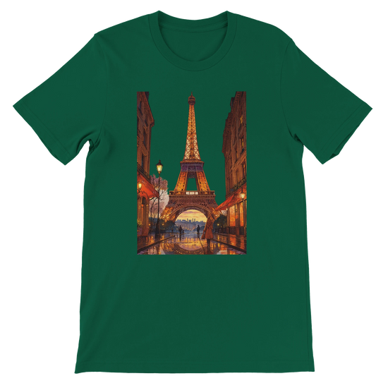 Evergreen t-shirt featuring animated Eiffel Tower Paris artwork in premium breathable cotton unisex fit perfect for streetwear fans travelers and global culture fashion eco friendly print on demand apparel for urban style outfits