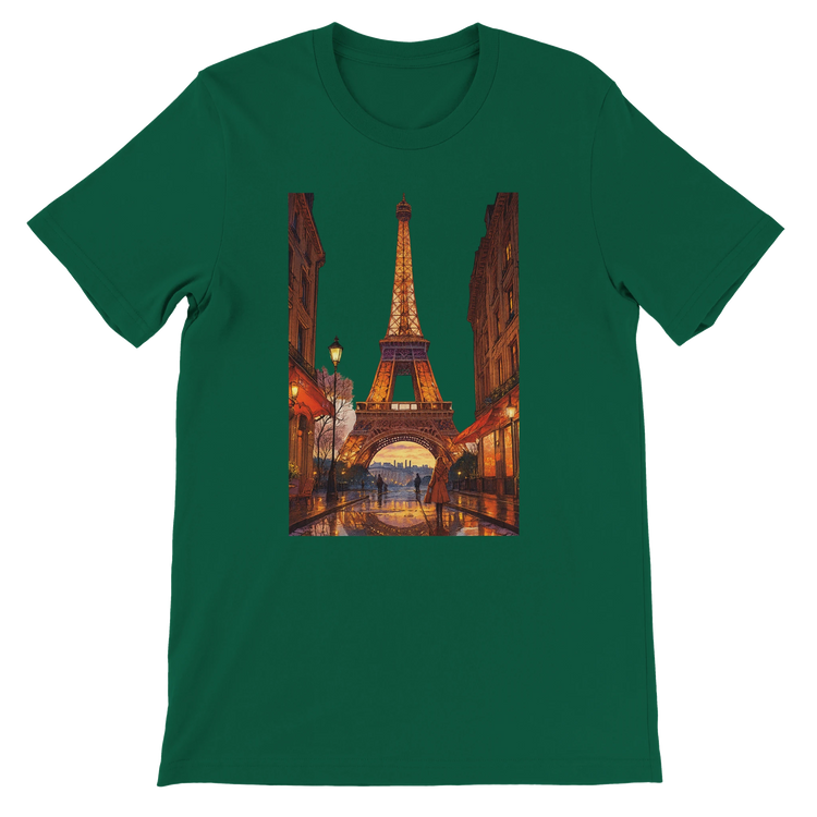 Evergreen t-shirt featuring animated Eiffel Tower Paris artwork in premium breathable cotton unisex fit perfect for streetwear fans travelers and global culture fashion eco friendly print on demand apparel for urban style outfits