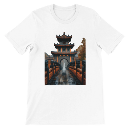 White Ancient Chinese Mega Bridge animated style t-shirt with premium soft cotton fabric unisex streetwear fit vibrant DTG printed design inspired by iconic Asian architecture perfect for travel lovers and cultural fashion enthusiasts eco friendly casual wear